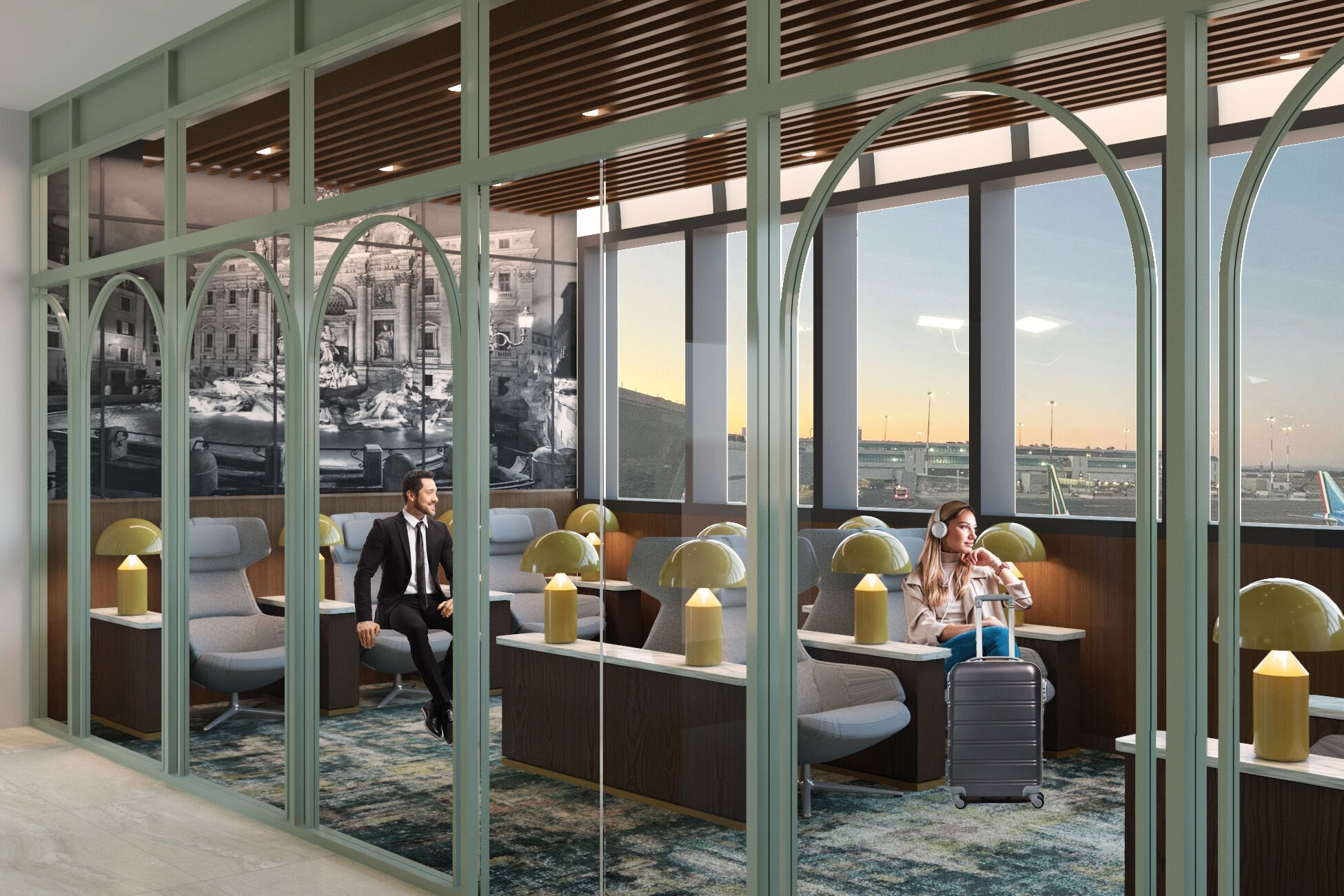 Seating area inside the new Plaza Premium First lounge with runway view