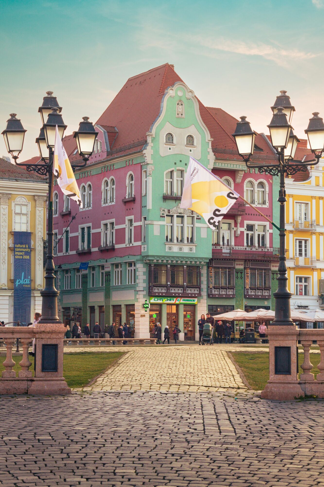 Historic Timisoara square with pastel buildings