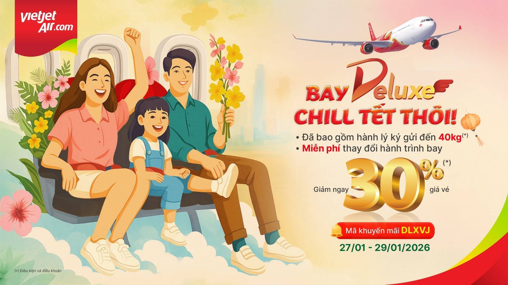 Illustrated Vietjet family travel promotion with aircraft