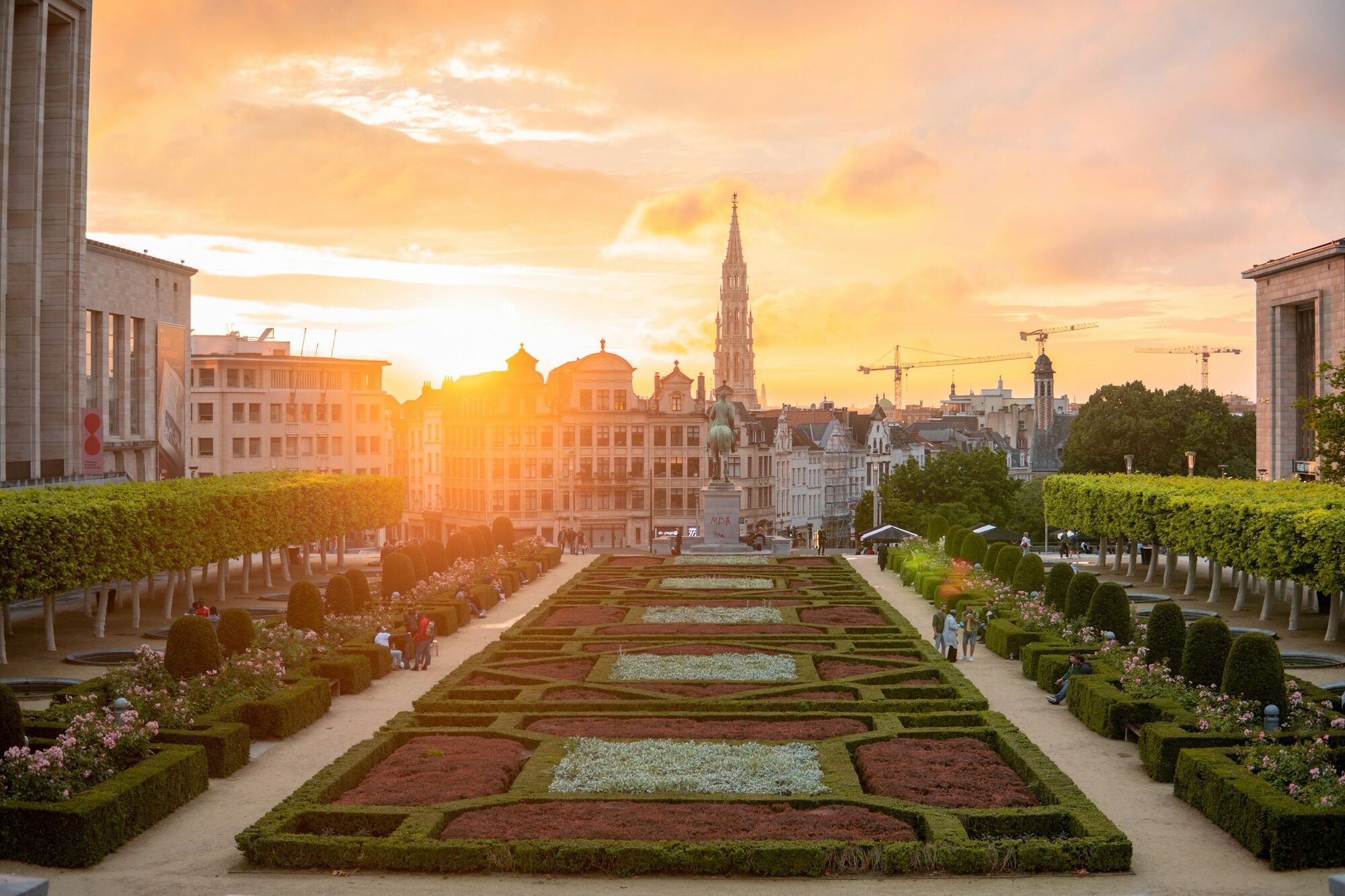 Sunset over central Brussels with city landmarks
