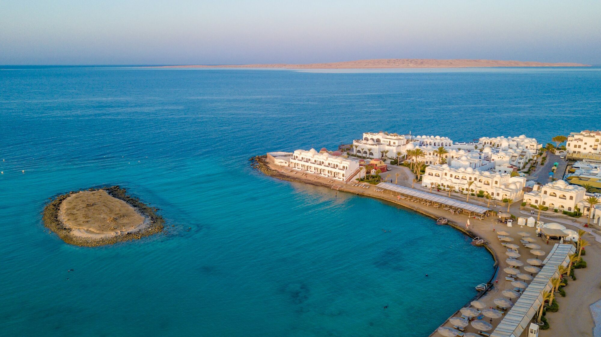 Coastal resort area with turquoise water and beach facilities in Egypt