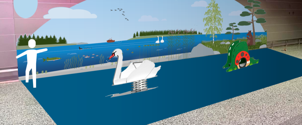 Nature-themed children's play area design with animal motifs at Helsinki Airport baggage hall