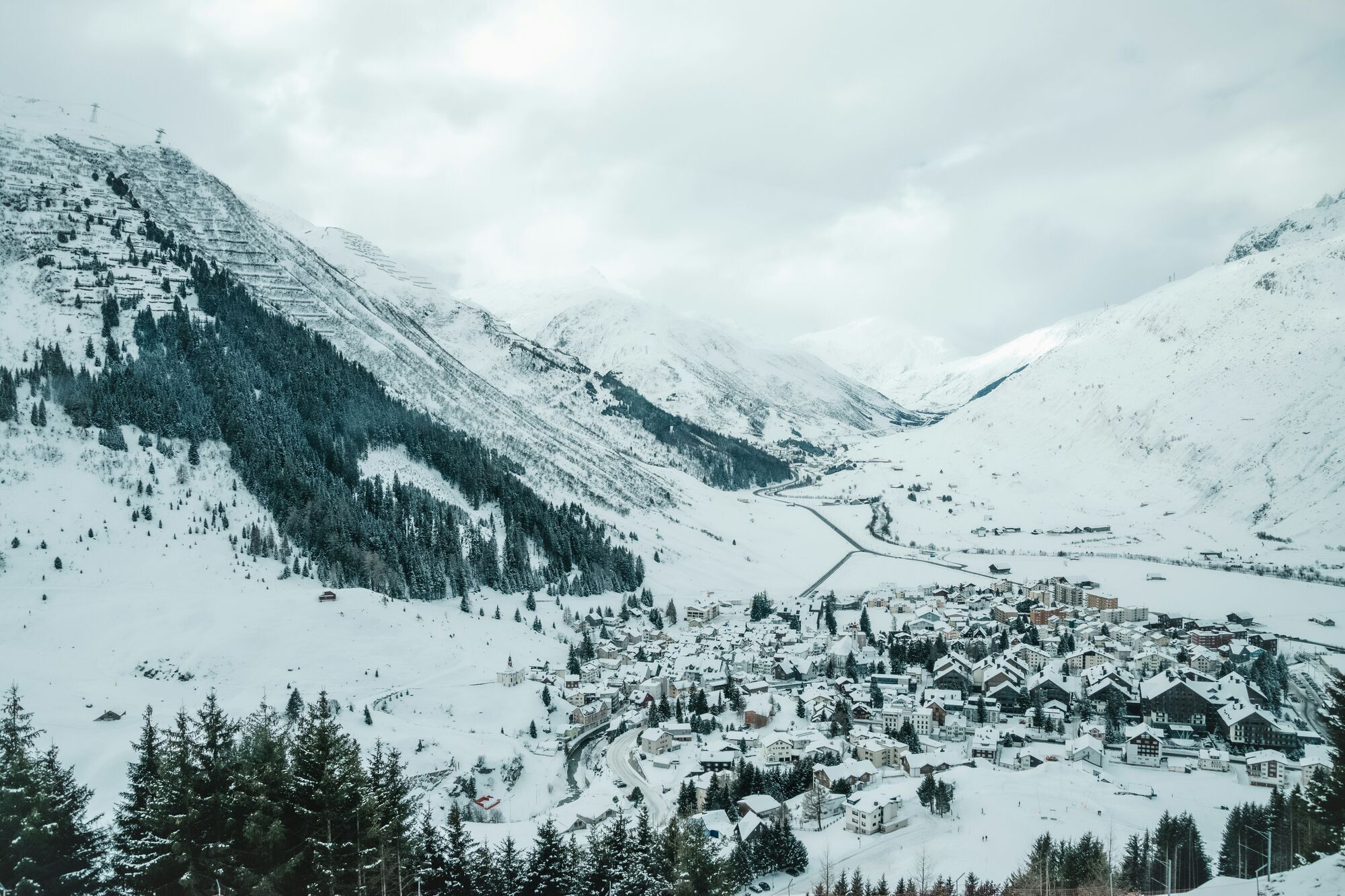 Snow-covered village of Andermatt in the Swiss Alps