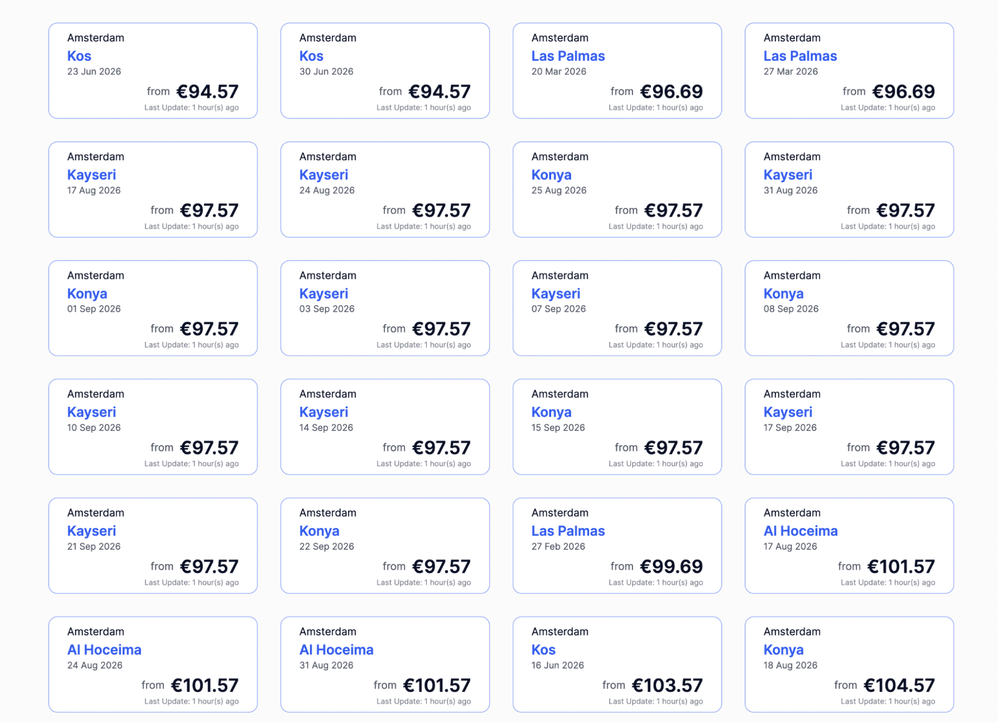 Flight date and price listings for 2026 routes