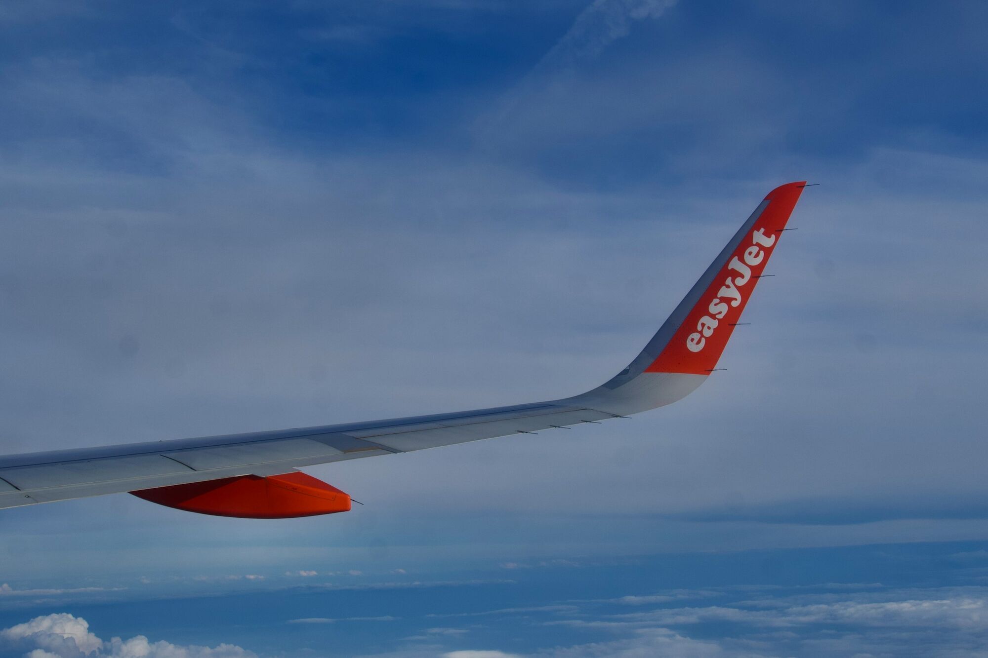 EasyJet aircraft wing above the clouds