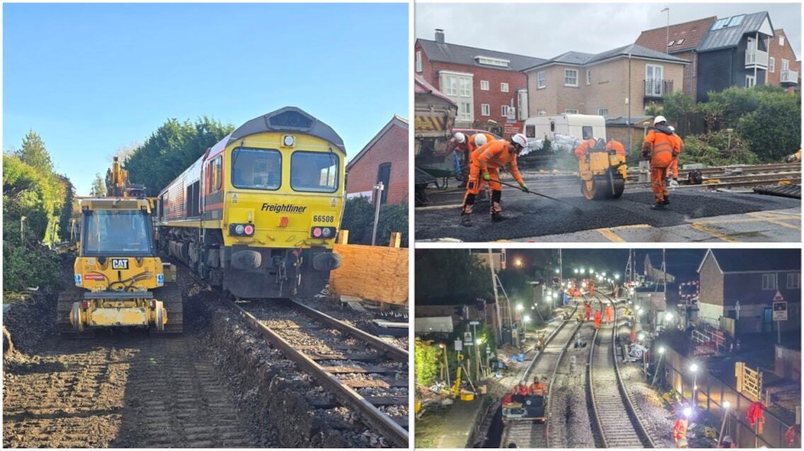 Freight train and railway engineering works