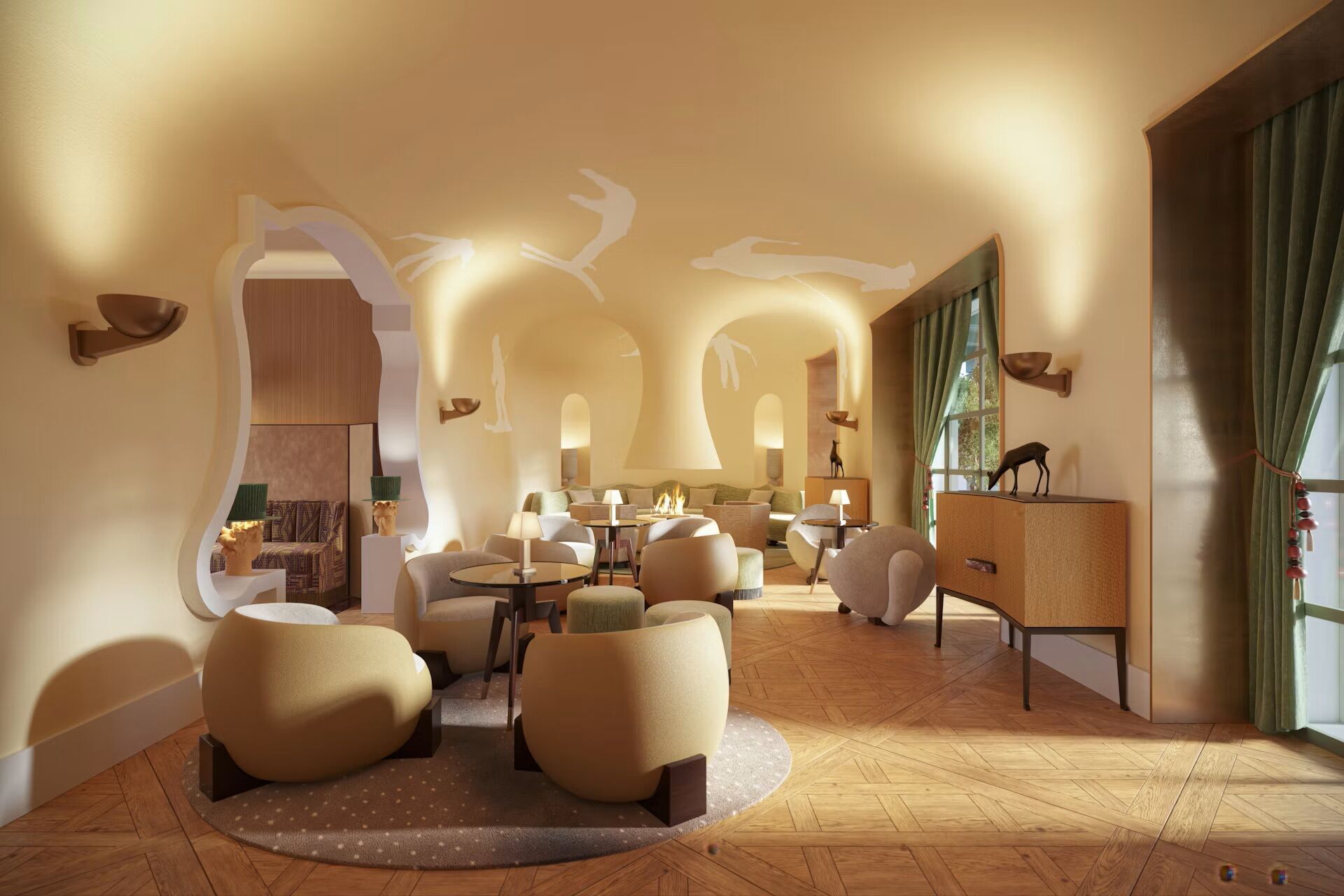 Rendering of Le Graal Cortina's lounge-bar with curved armchairs and a fireplace