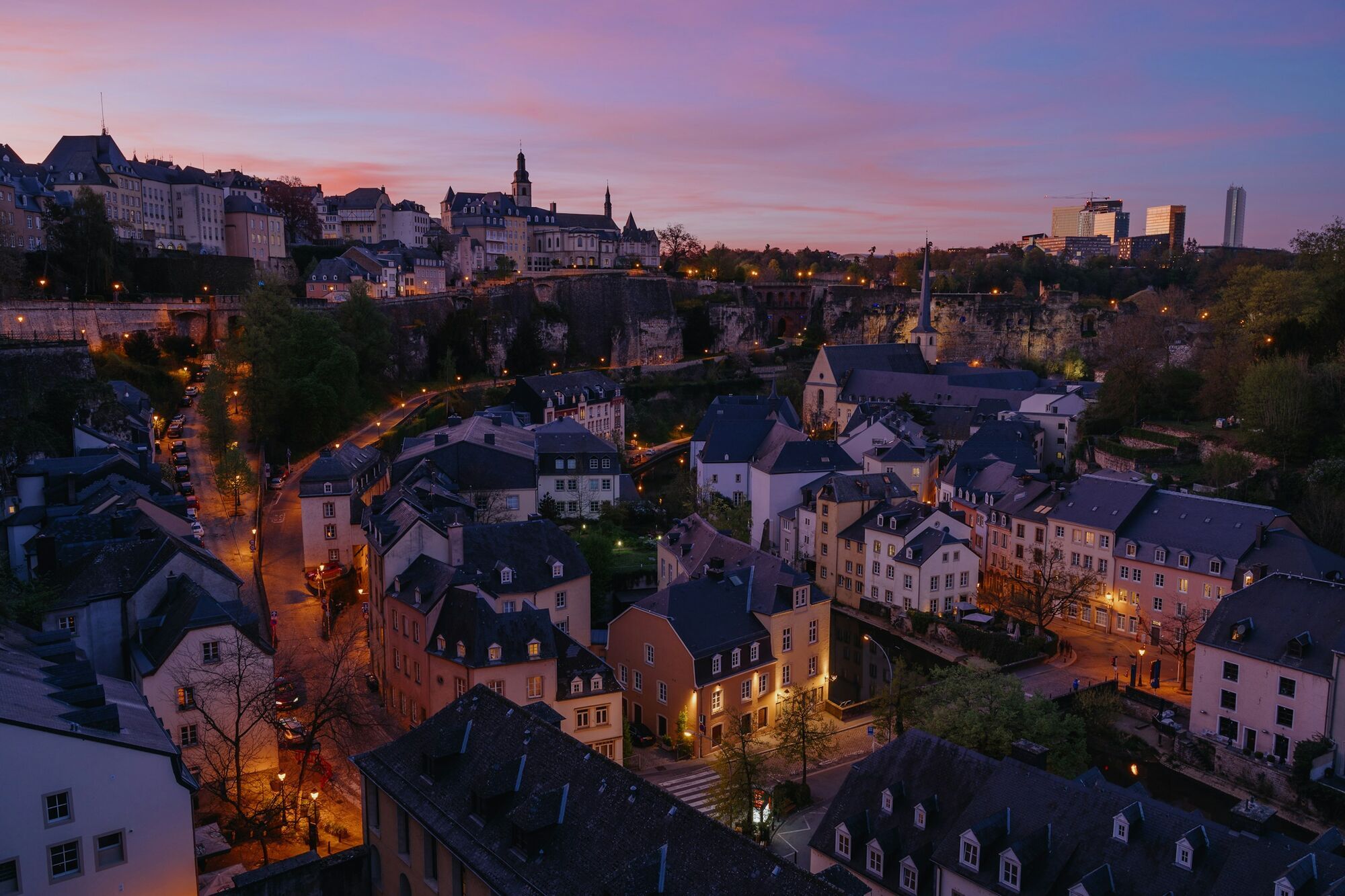 Luxembourg City's historic Grund district at sunset