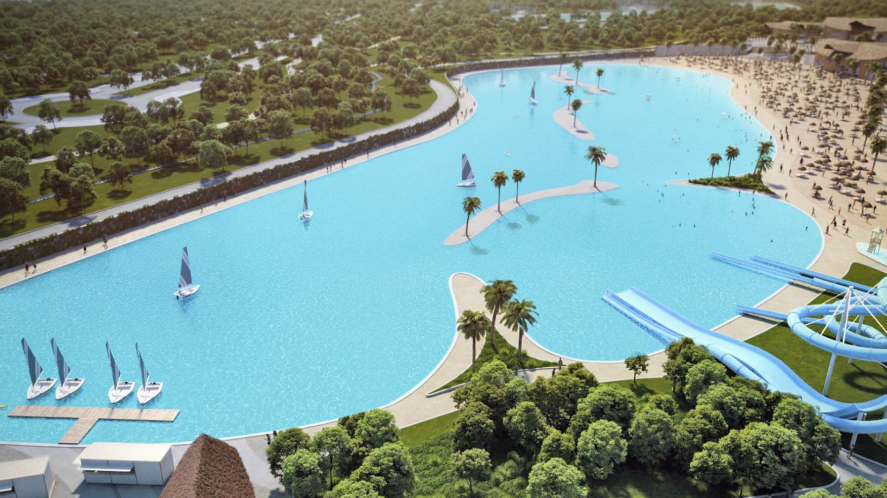 Artist's impression of Alovera Beach with a turquoise lagoon, white sands and water slides
