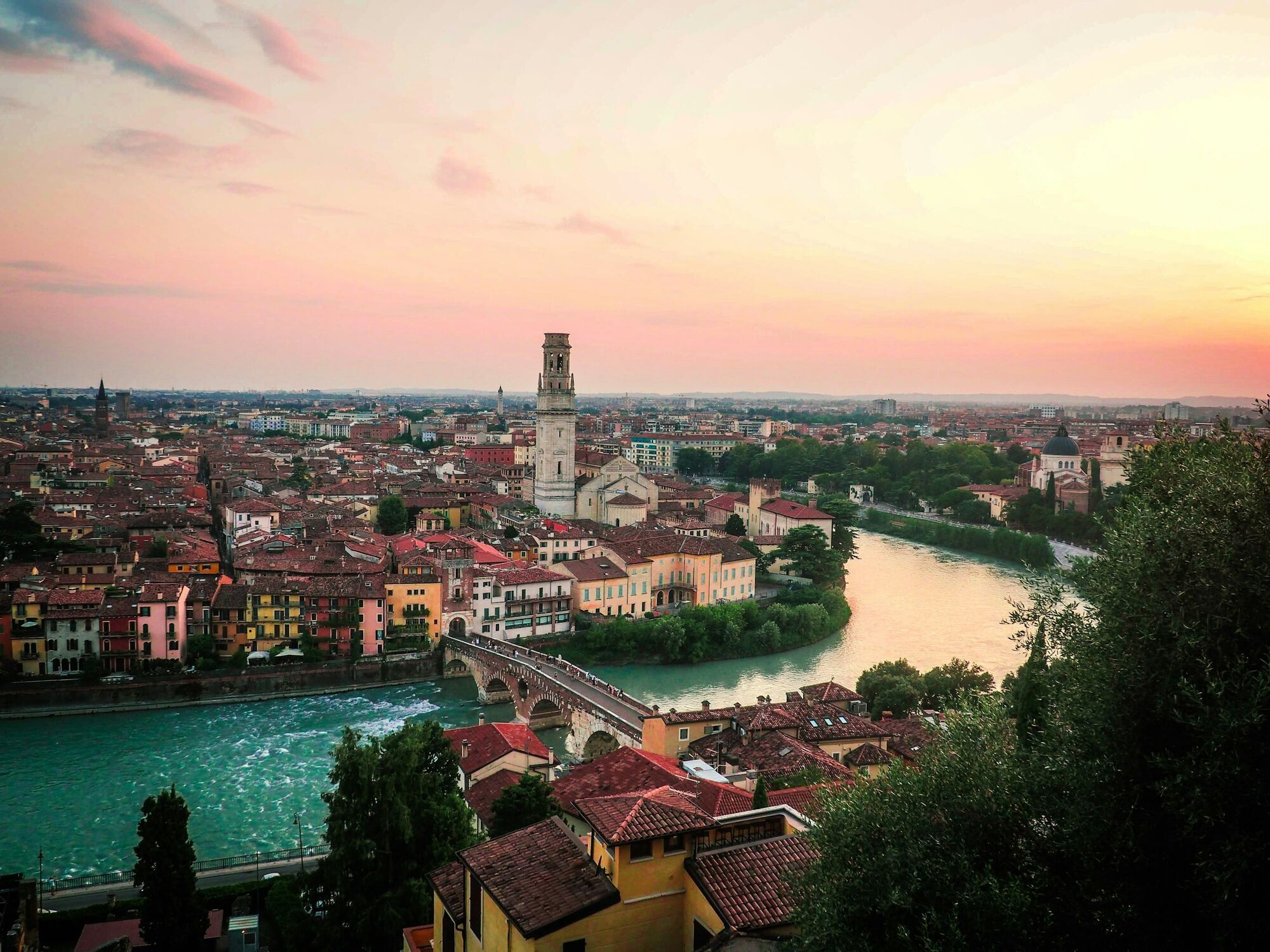 Panoramic view of Verona with Ponte Pietra bridge crossing the Adige River