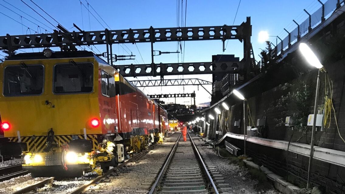 Rail maintenance train on tracks during engineering works