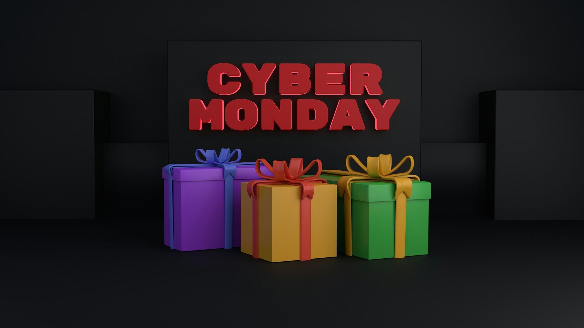 Cyber Monday sign with colourful gift boxes