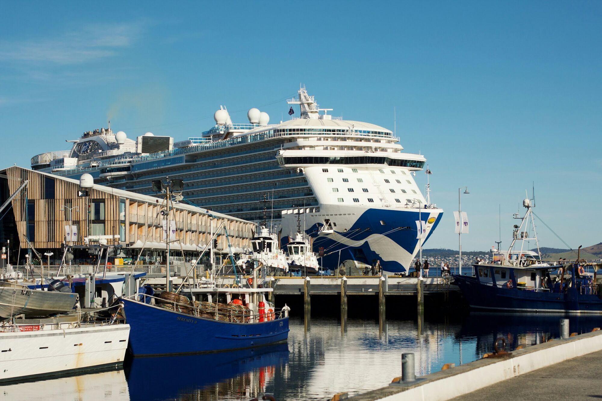 Large cruise ship docked in a harbour alongside smaller boats