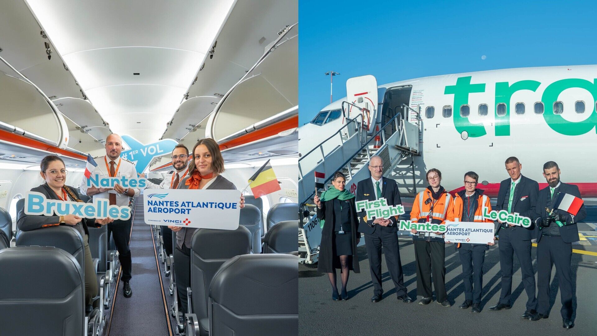 Airline and airport staff celebrating inaugural flights to Brussels and Cairo from Nantes