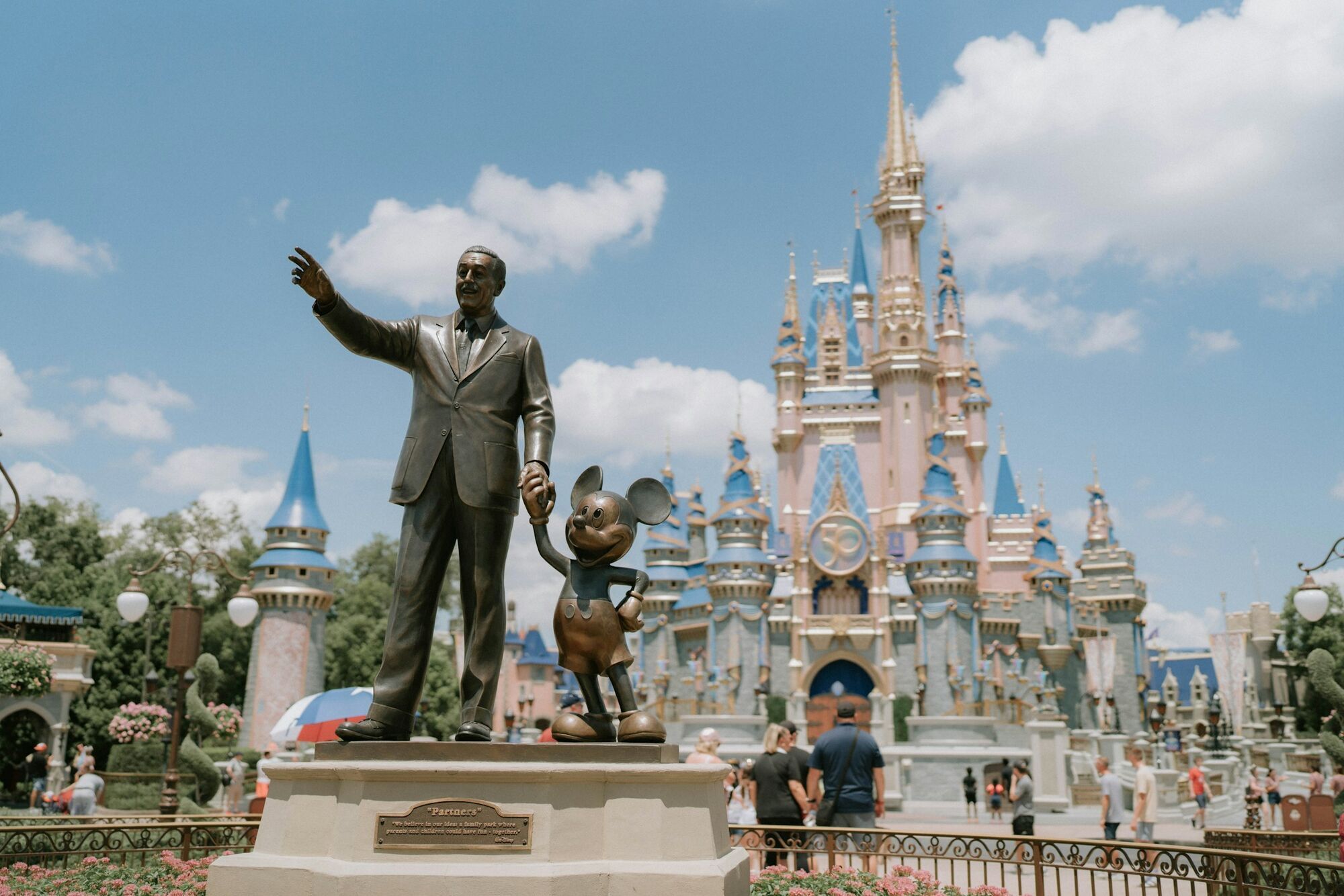 Walt Disney and Mickey Mouse statue in front of Cinderella Castle