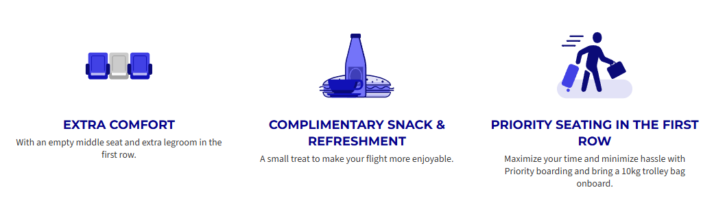 WIZZ Class benefits showing extra space, snack and first-row seating