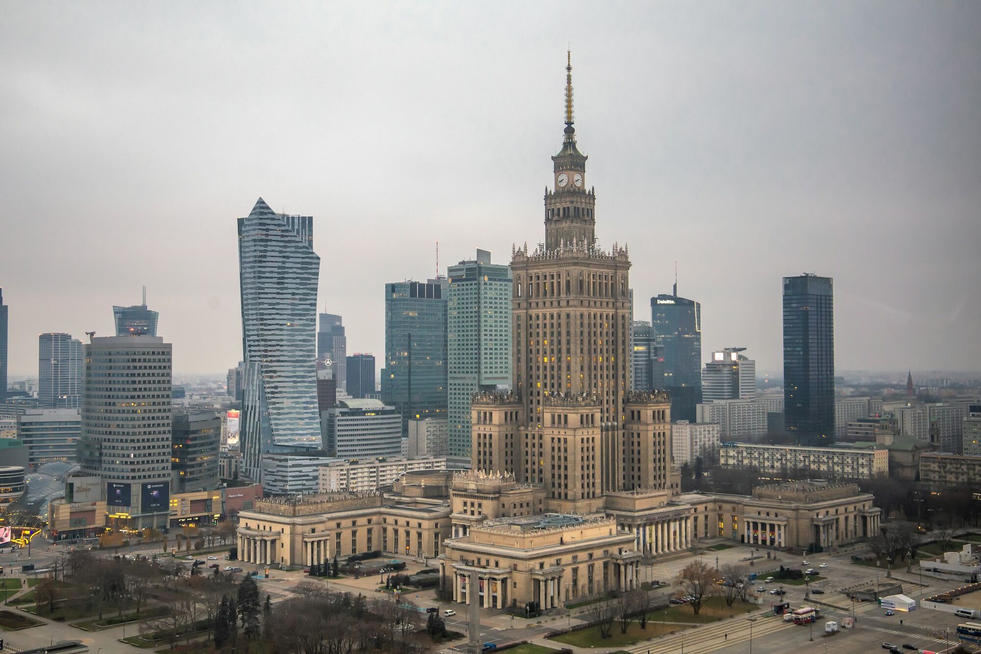 Warsaw city skyline with Palace of Culture and Science