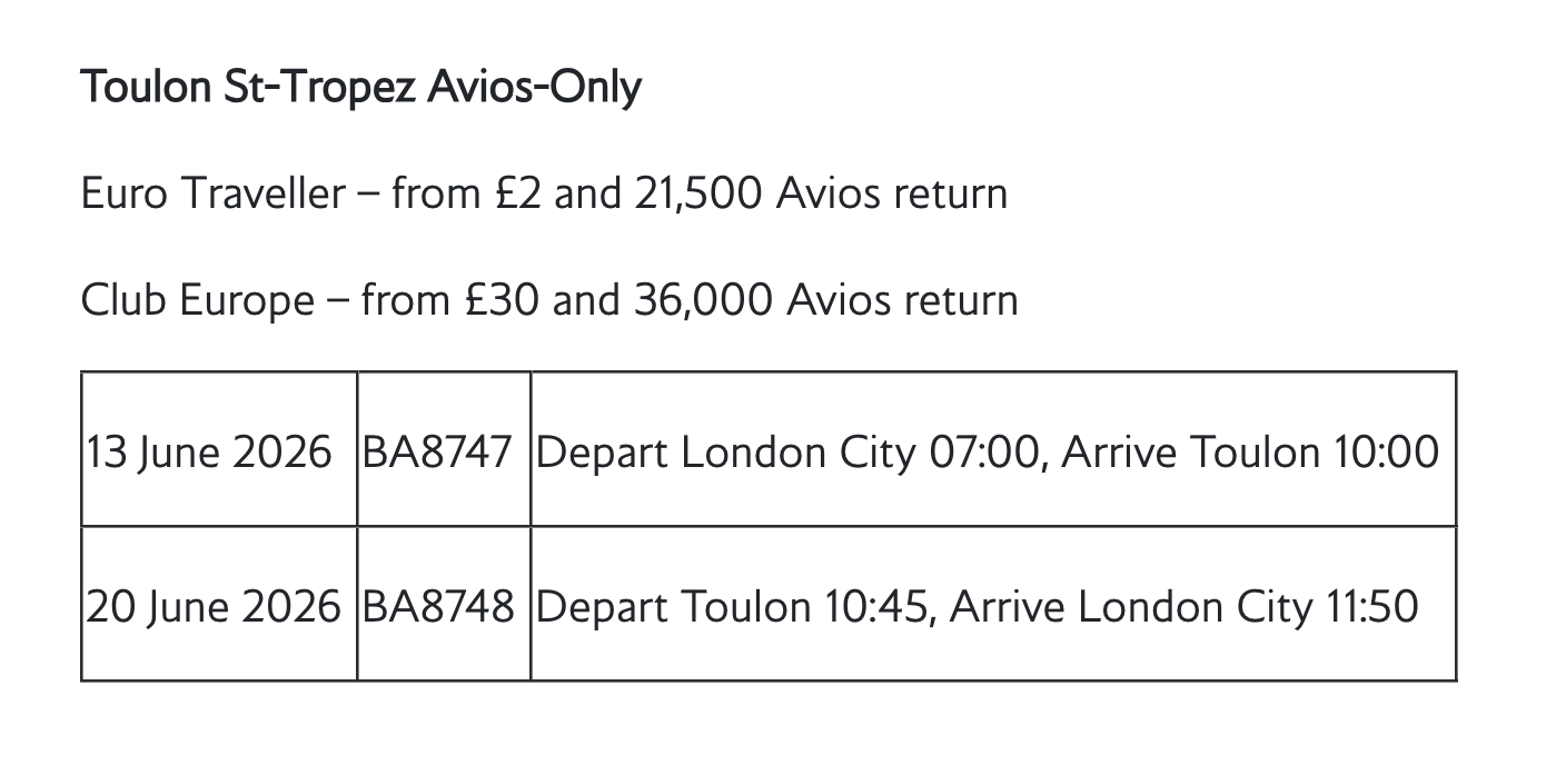 Flight schedule for London City to Toulon Avios-Only service