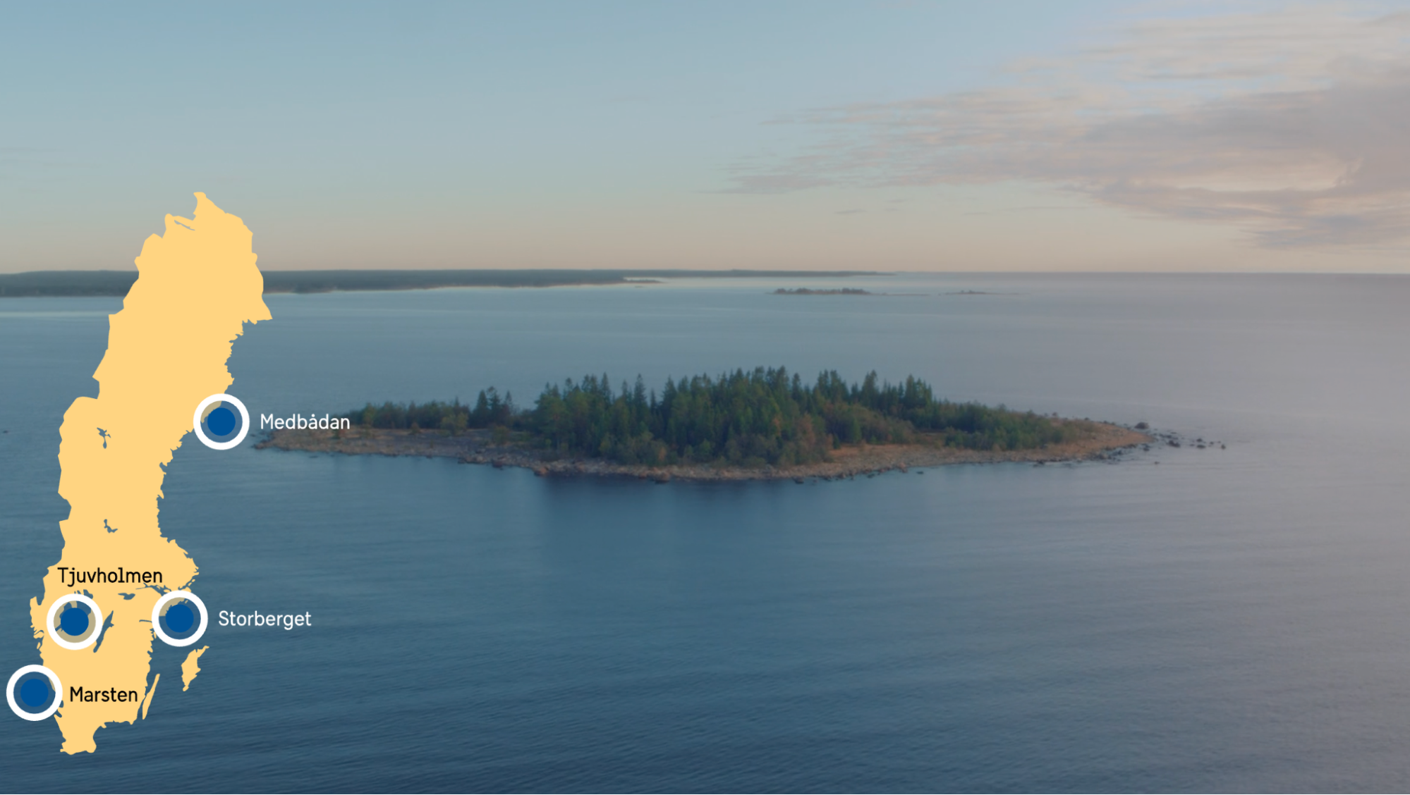 Map of Sweden highlighting Medbådan, Tjuvholmen, Storberget and Marsten