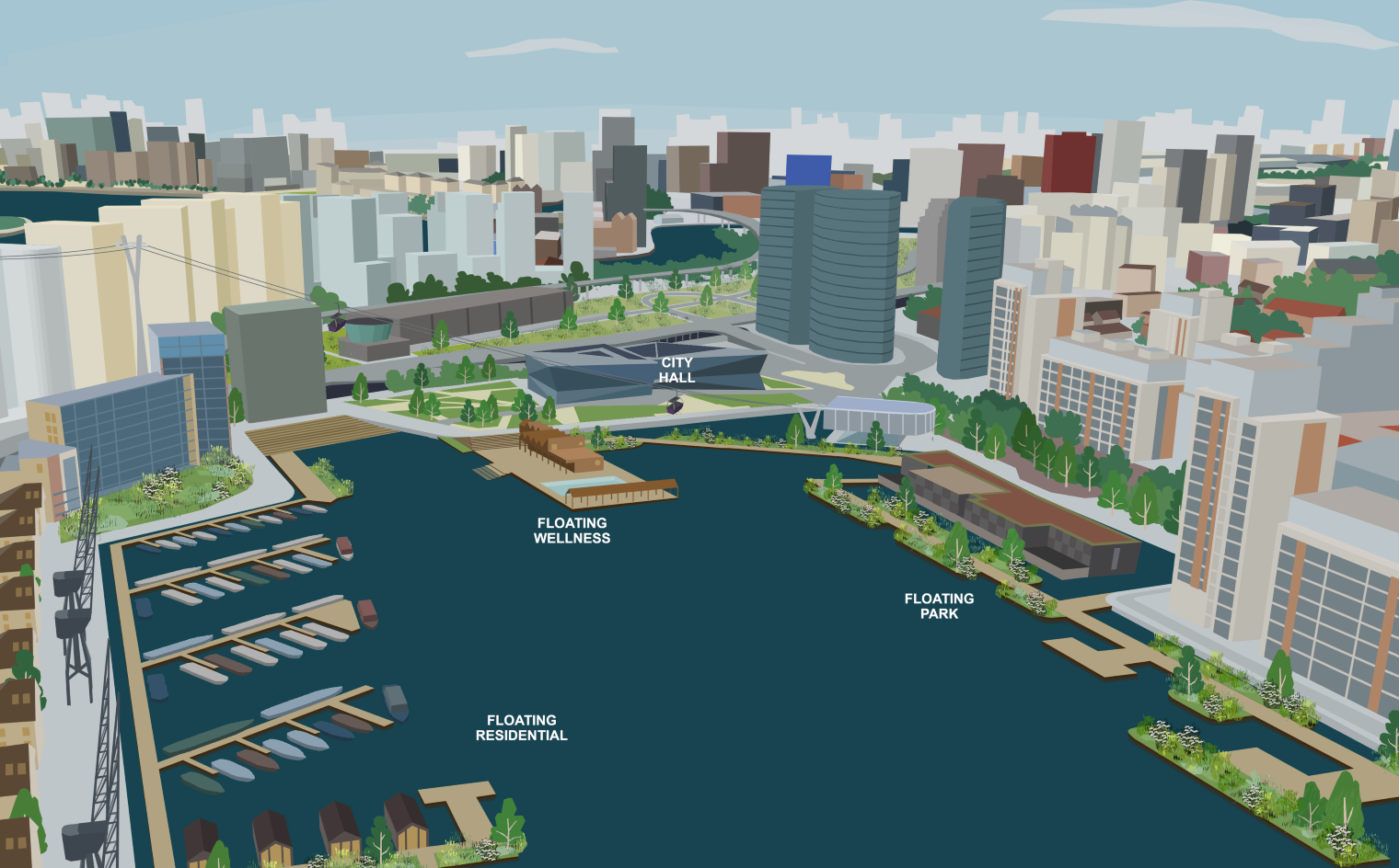 Illustrated aerial view of proposed floating park and wellness area at Royal Docks