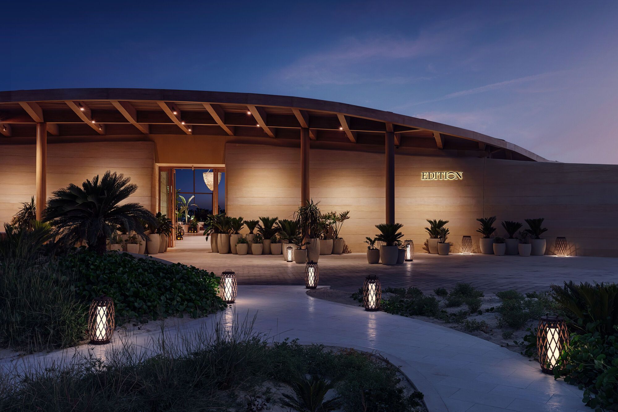Exterior of The Red Sea EDITION resort on Shura Island at dusk