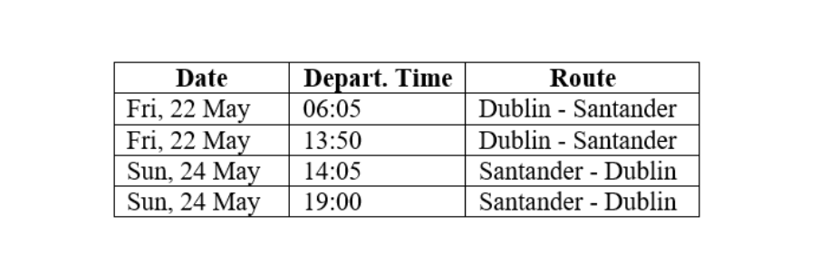 Flight timetable showing extra Dublin and Santander services in May 2026