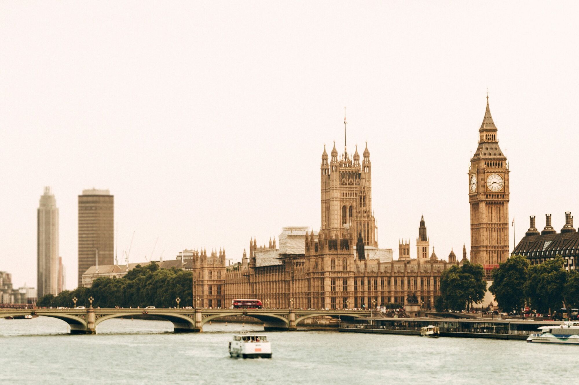 Houses of Parliament and Big Ben seen across the River Thames in London
