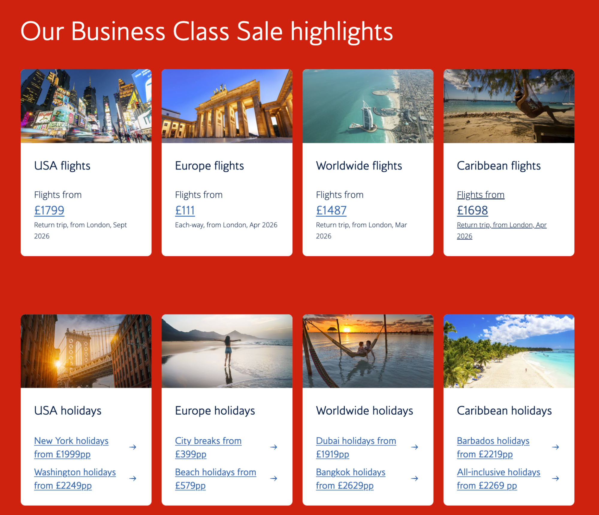 British Airways business class sale offers displayed online