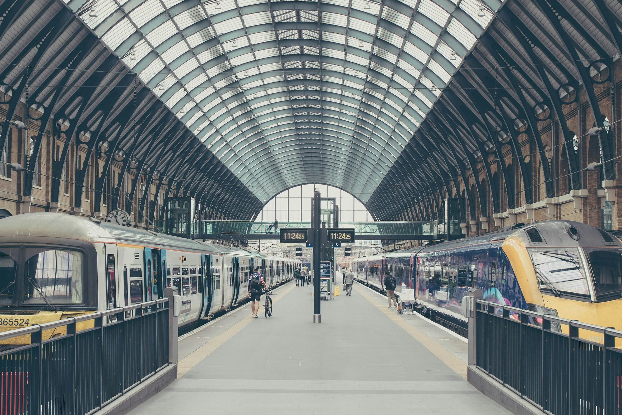 Trains waiting at a central London railway station platform