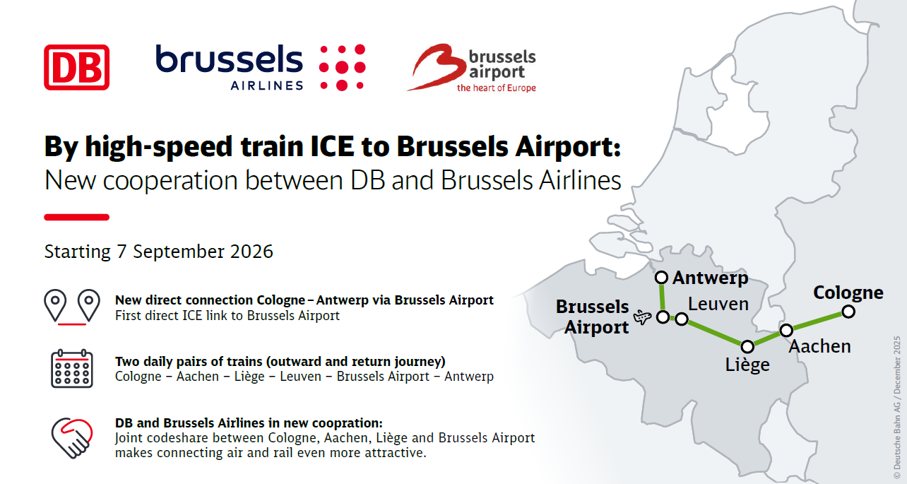 Map showing Cologne to Brussels Airport high-speed rail route