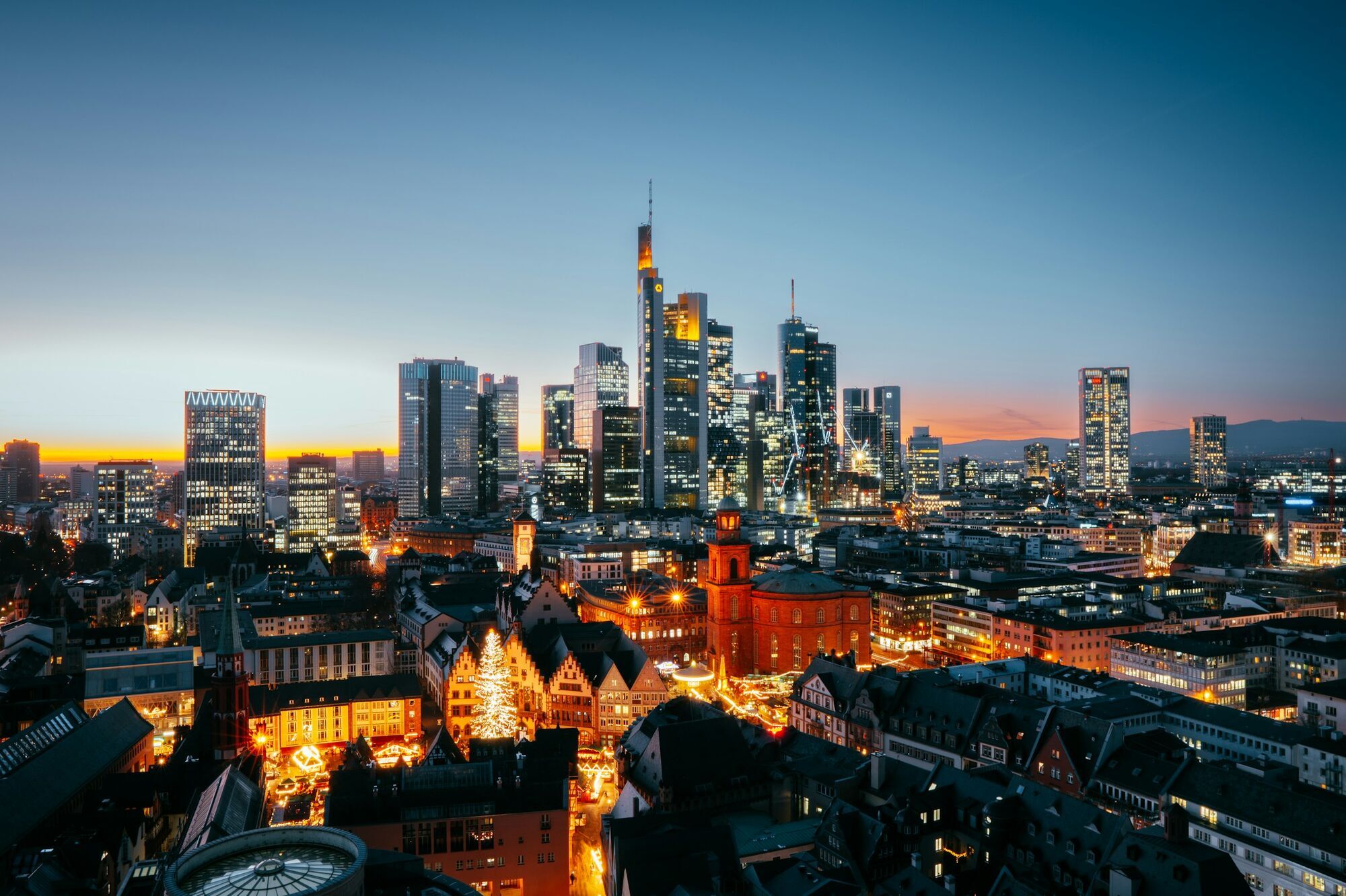 Frankfurt skyline at sunset with financial district