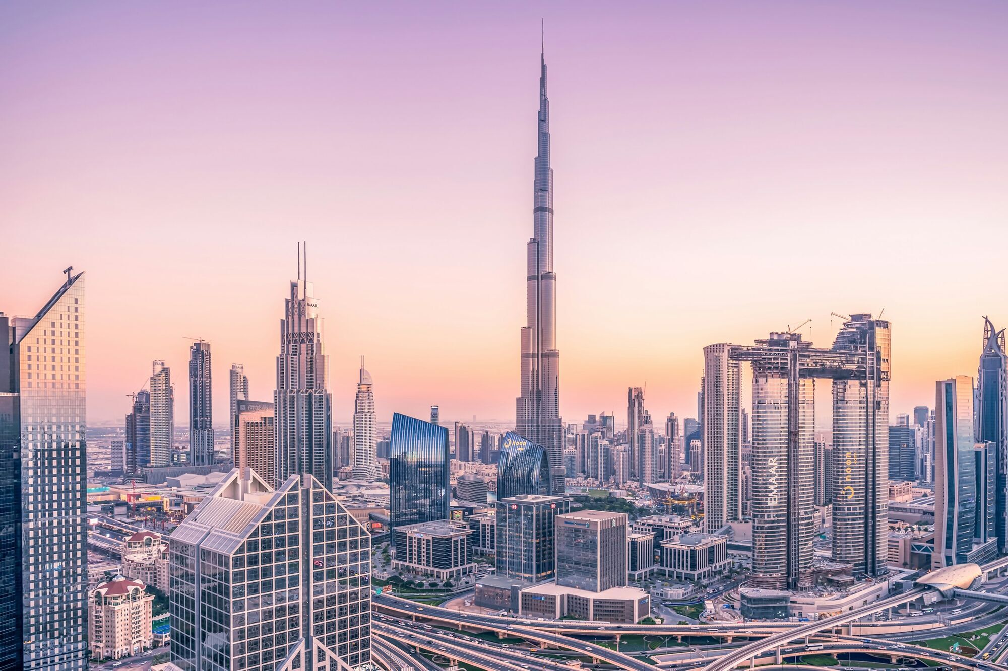 Dubai skyline with Burj Khalifa at dusk