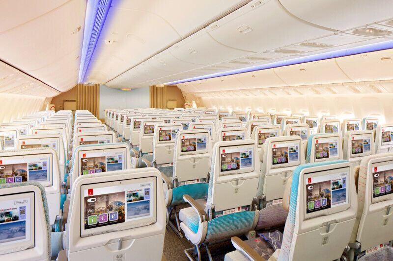 Emirates Economy Class cabin with individual screens