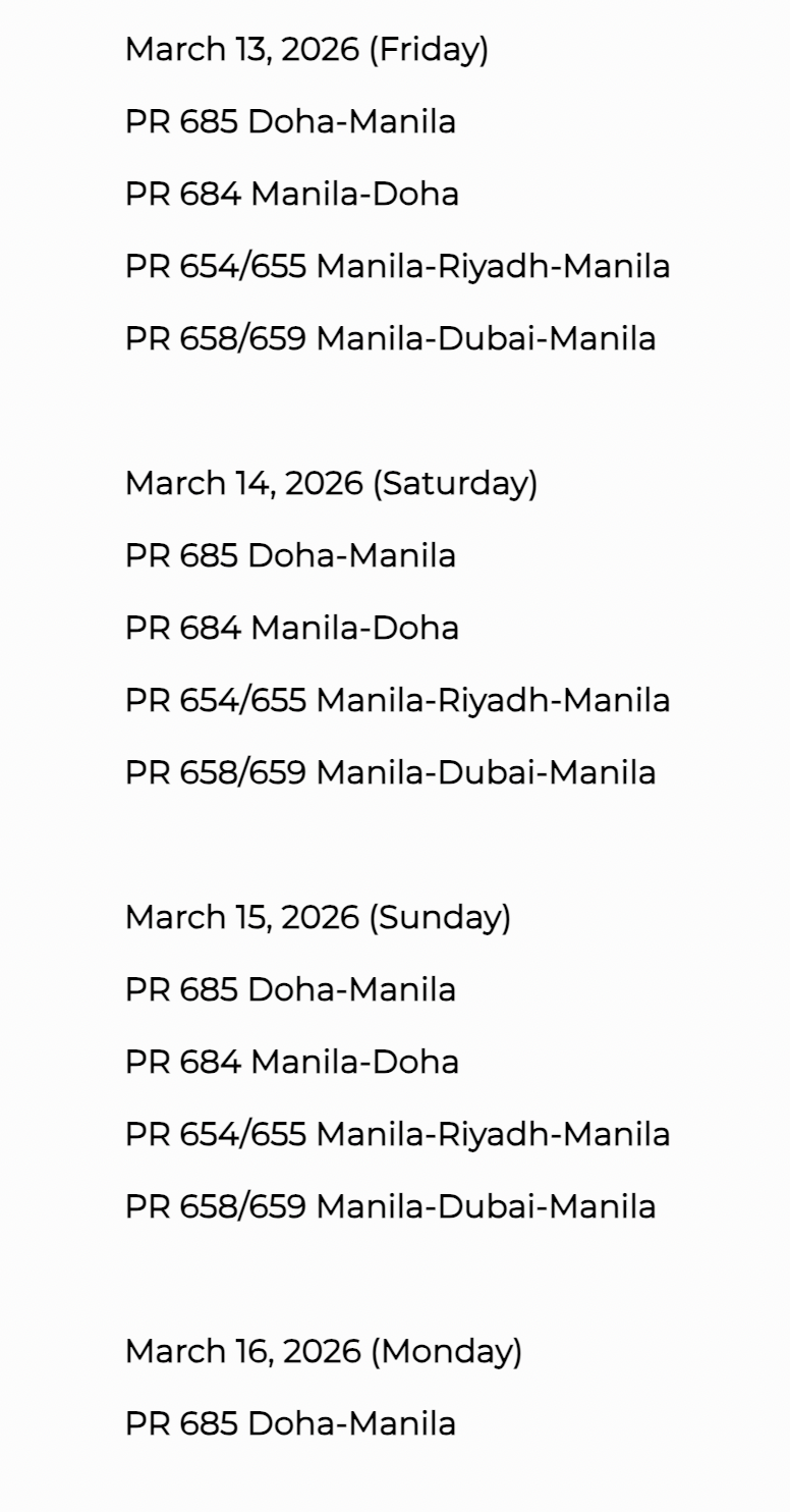 More cancelled Philippine Airlines flights listed by date