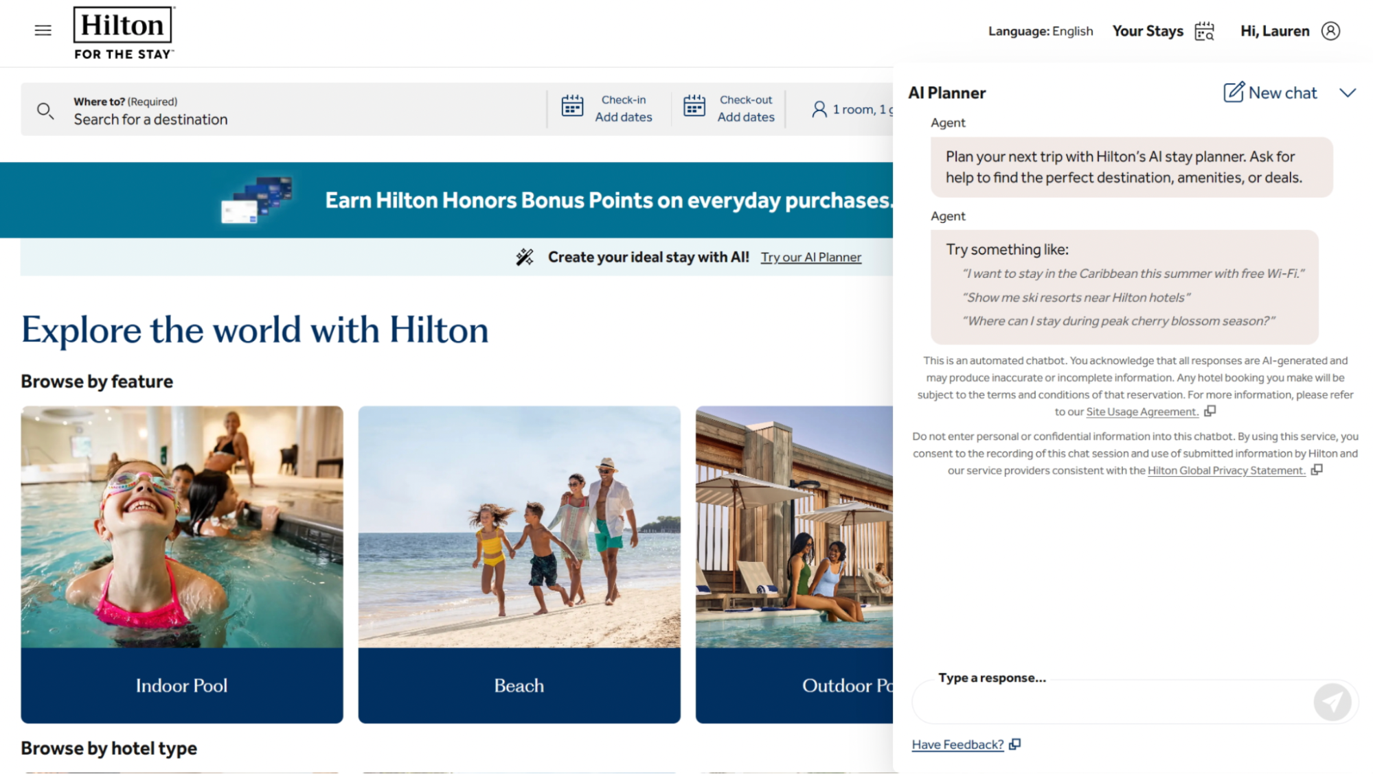 Hilton website interface showing AI travel planner tool