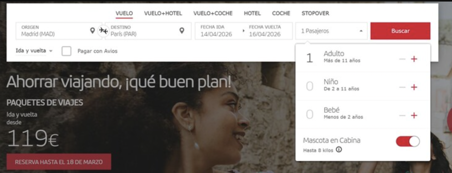 Iberia website interface showing pet in cabin option