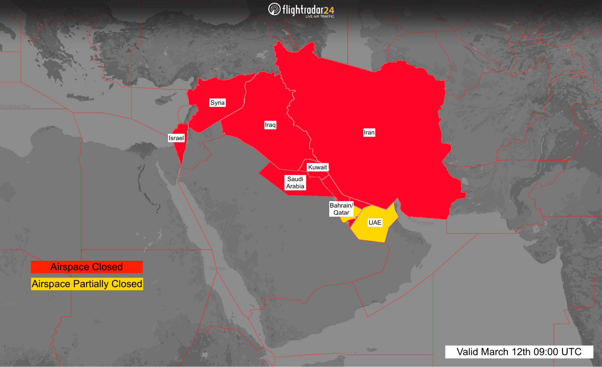 Map showing Middle East airspace closures and restrictions