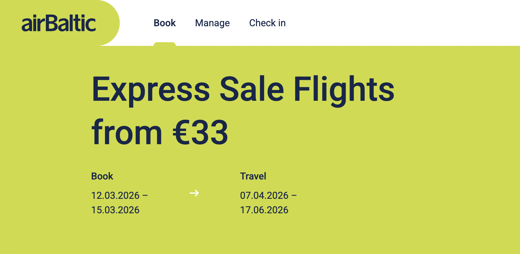 airBaltic Express Sale banner showing flights from €33 and booking dates