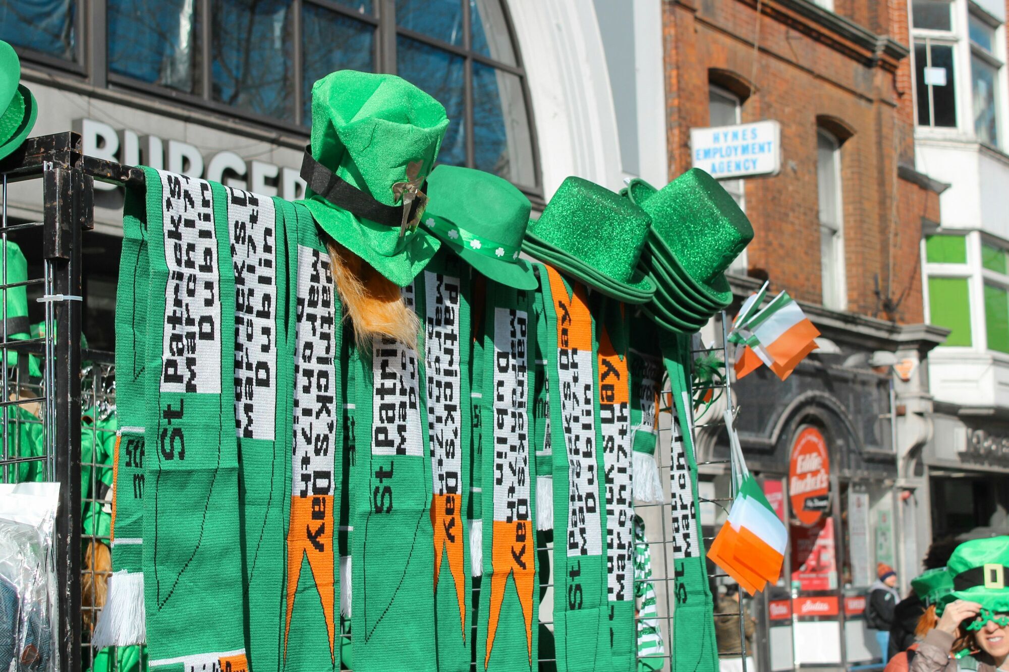 St Patrick’s themed hats and scarves sold at street stall