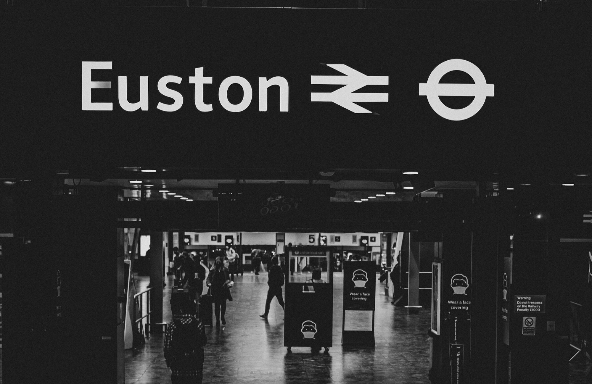 London Euston railway station entrance sign above concourse