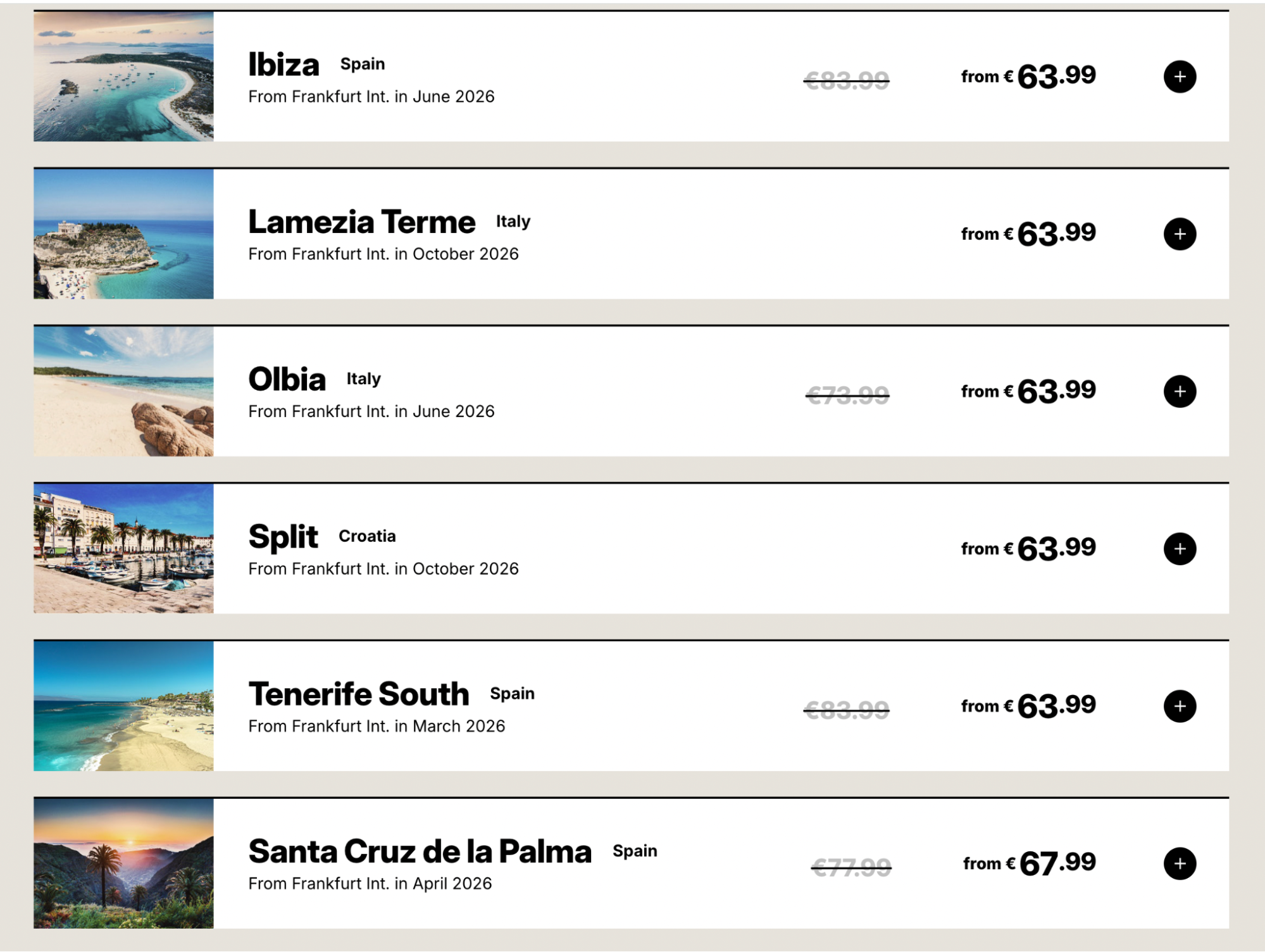 Condor website showing discounted European destinations under €70