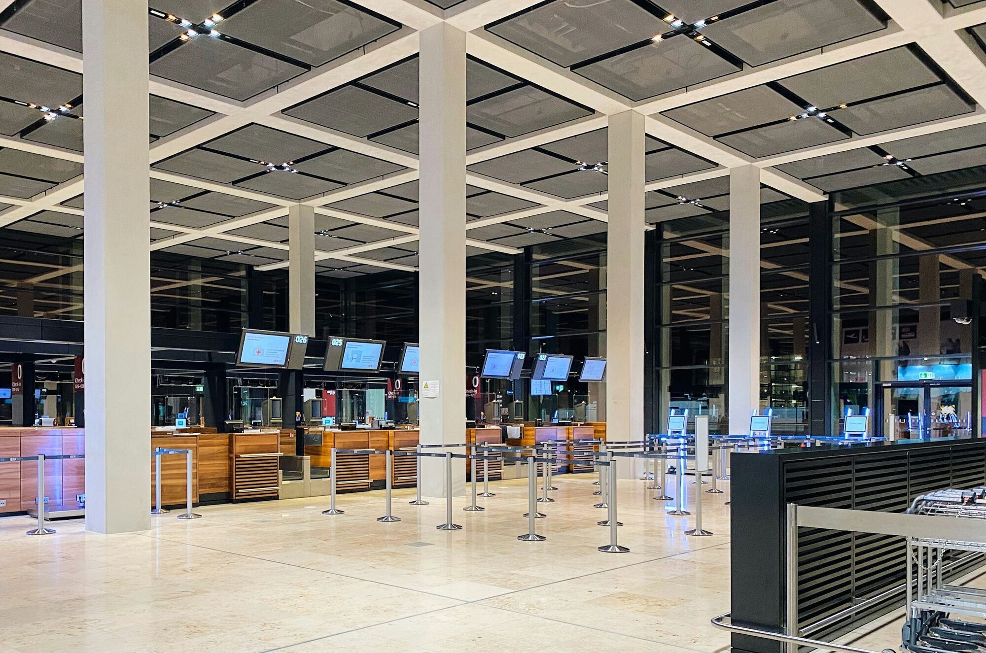 Empty check-in area inside Berlin Brandenburg Airport terminal