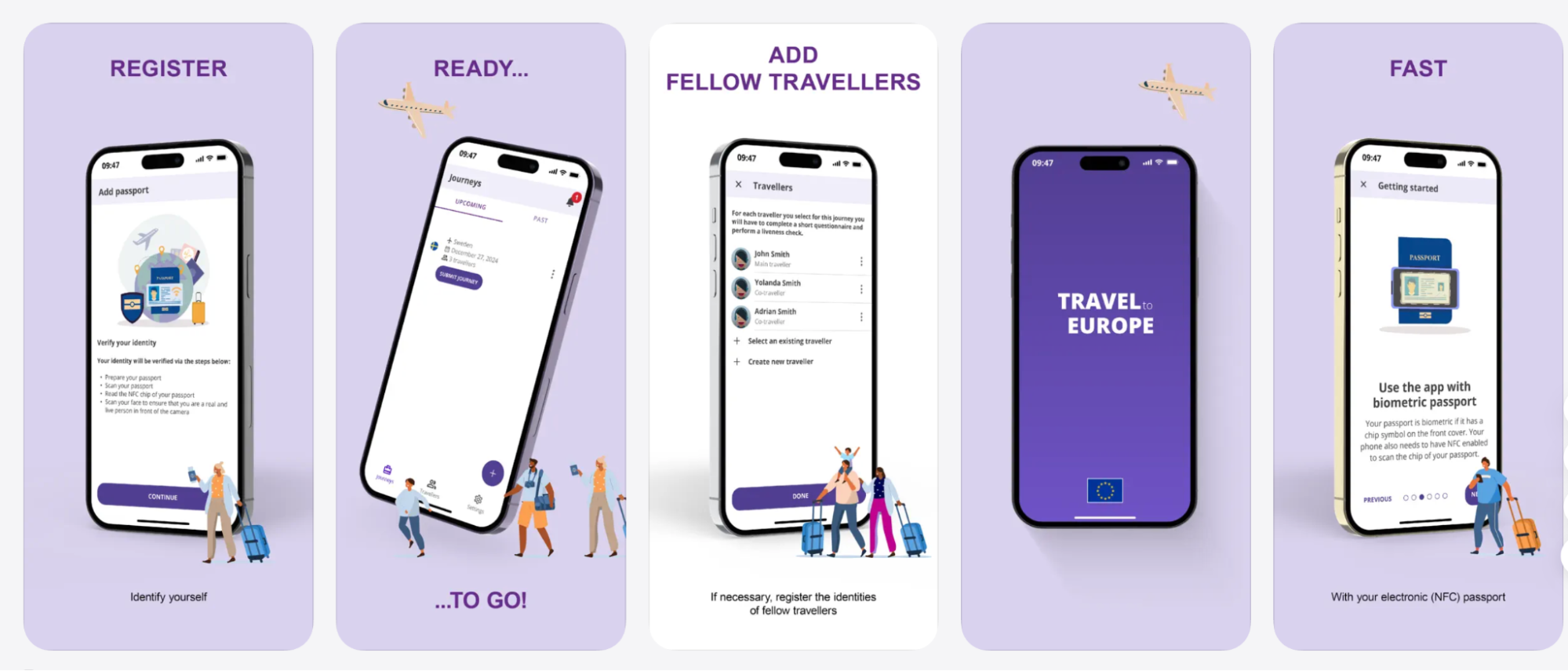 Screens of Travel to Europe app showing registration steps