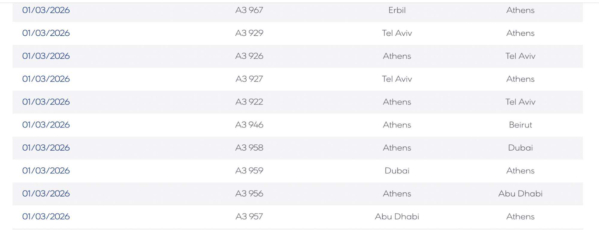 AEGEAN cancelled flight schedule list shown on airline notice