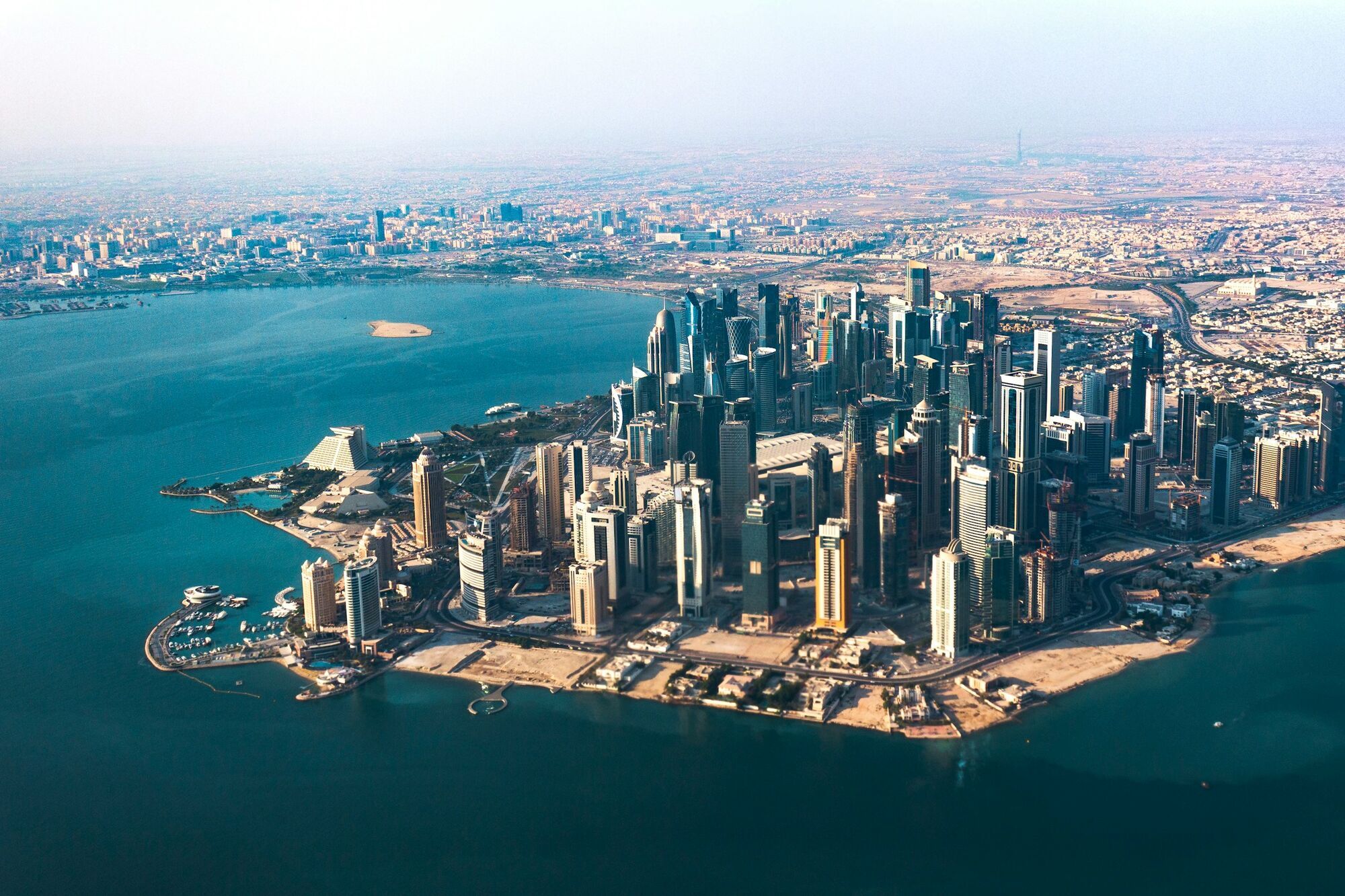 Doha skyline viewed from above coastline