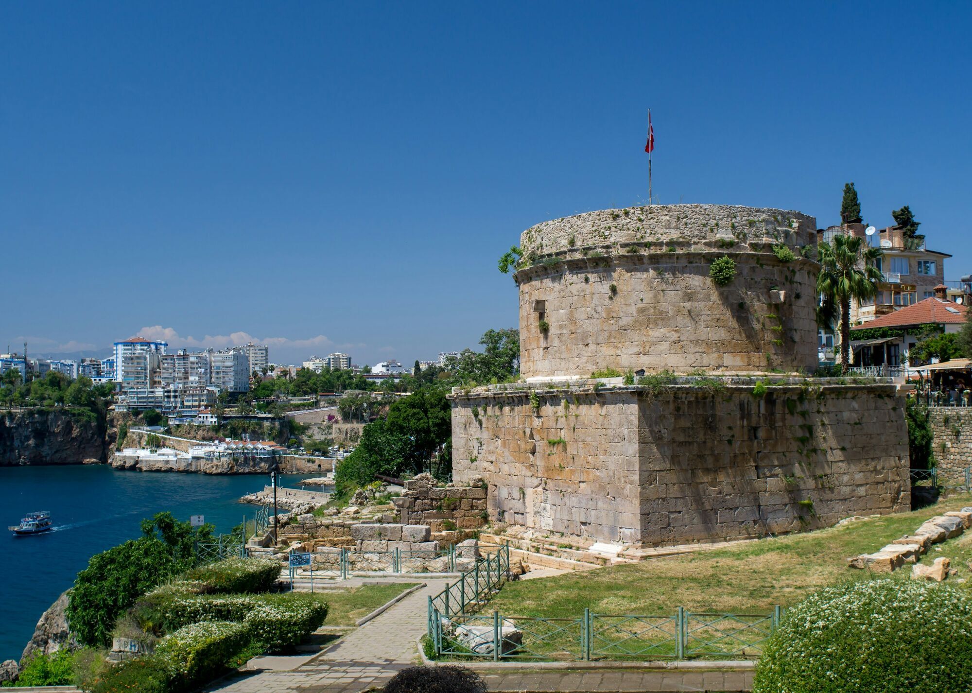 Hidirlik Tower overlooking Antalya harbour and coastline