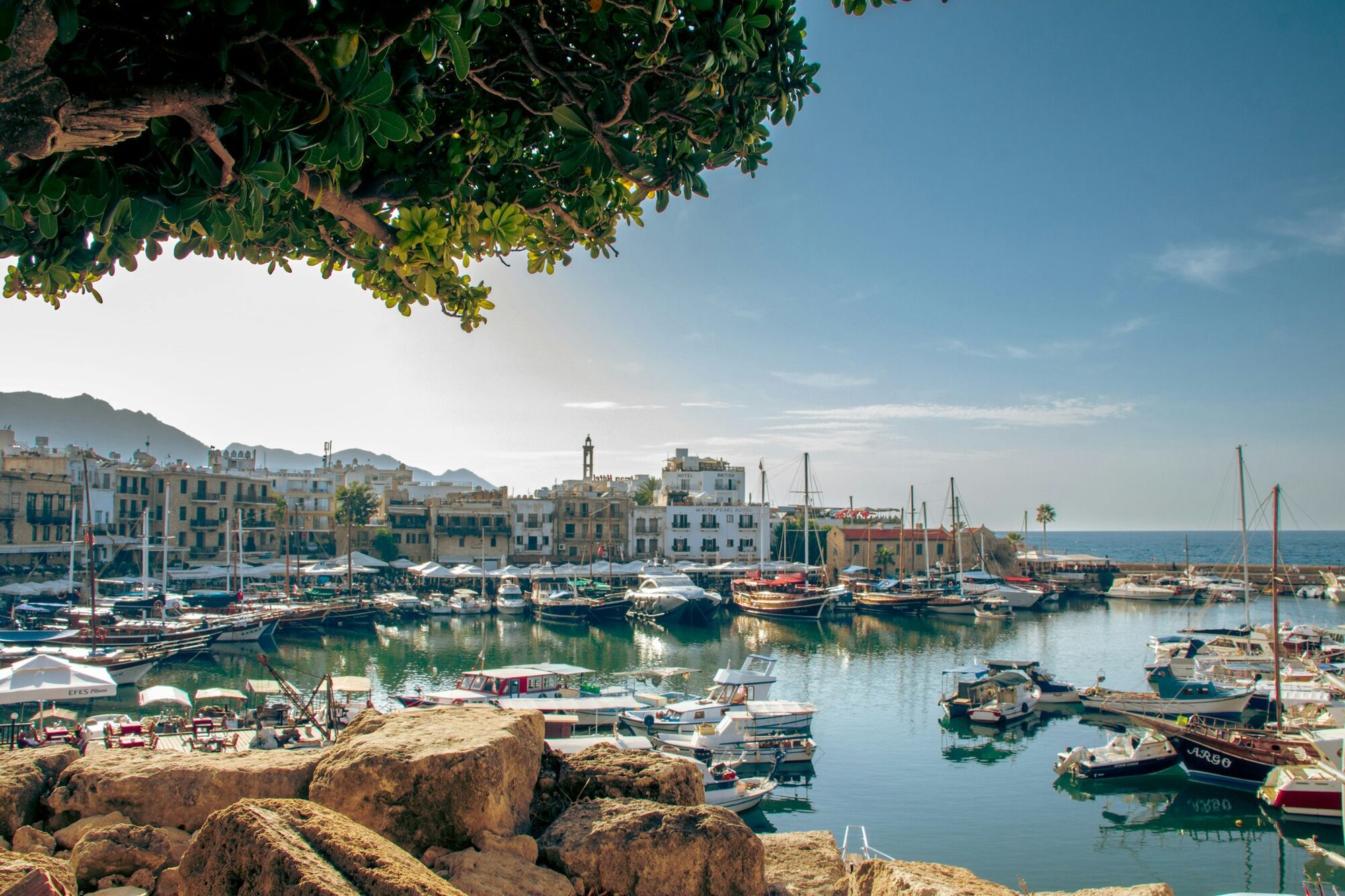 Harbour with boats in coastal Cyprus town