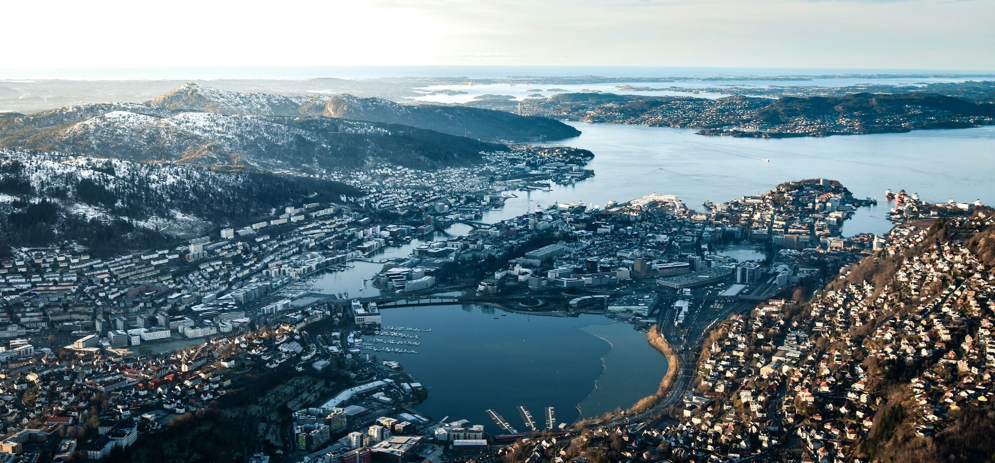 Aerial view of Bergen coastline and harbour