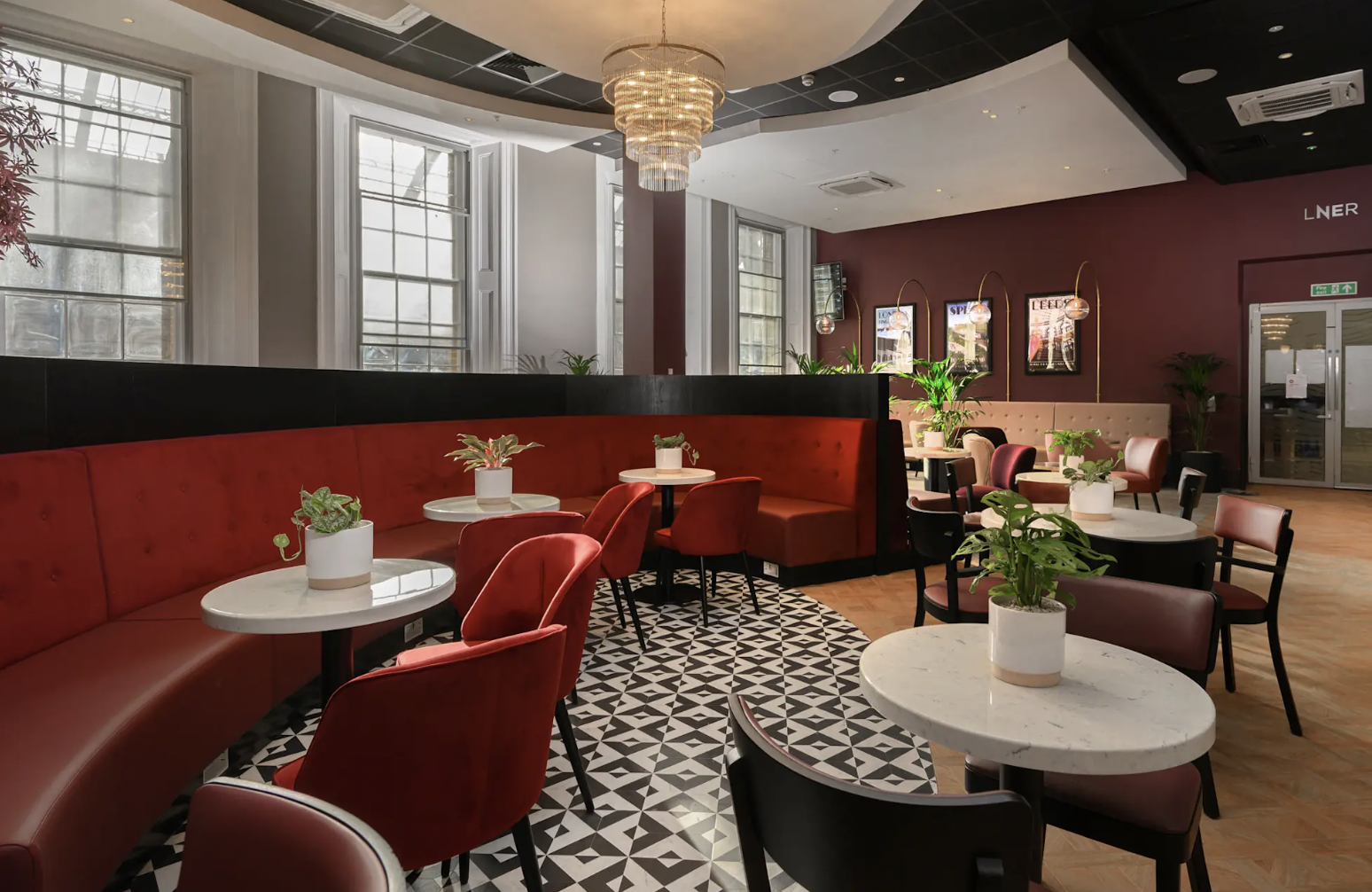 Seating area inside LNER First Class Lounge at King's Cross