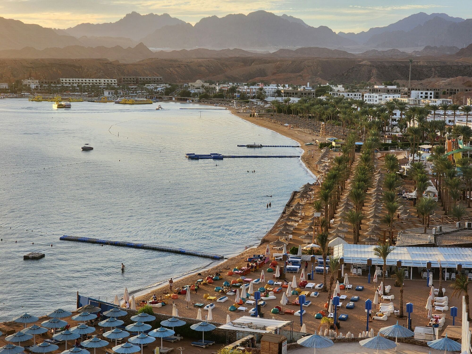 Beach resort in Egypt with mountains and Red Sea coastline